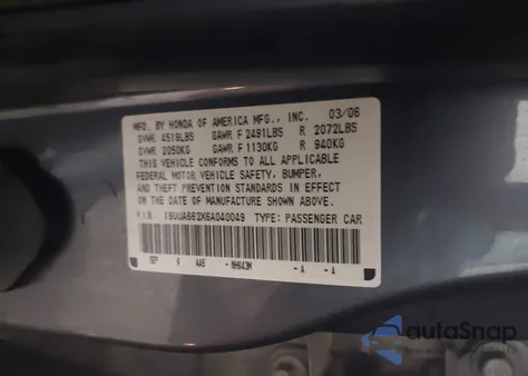 2006 Acura Tl из США, поврежденный, VIN 19UUA662X6A040049